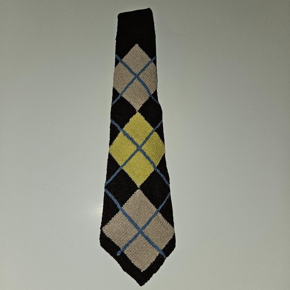 VTG Handmade Knit Neck Tie Argyle Brown Blue Yellow Tan 52" Long 3.5" Wide
